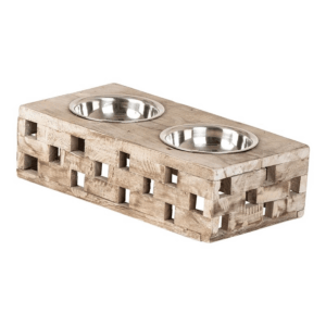 Raised Double Pet Feeder with Wooden Stand and Stainless Steel Bowls
