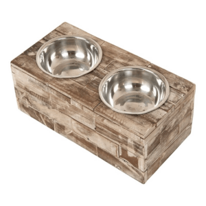 Raised Double Pet Feeder with Wooden Stand and Stainless Steel Bowls