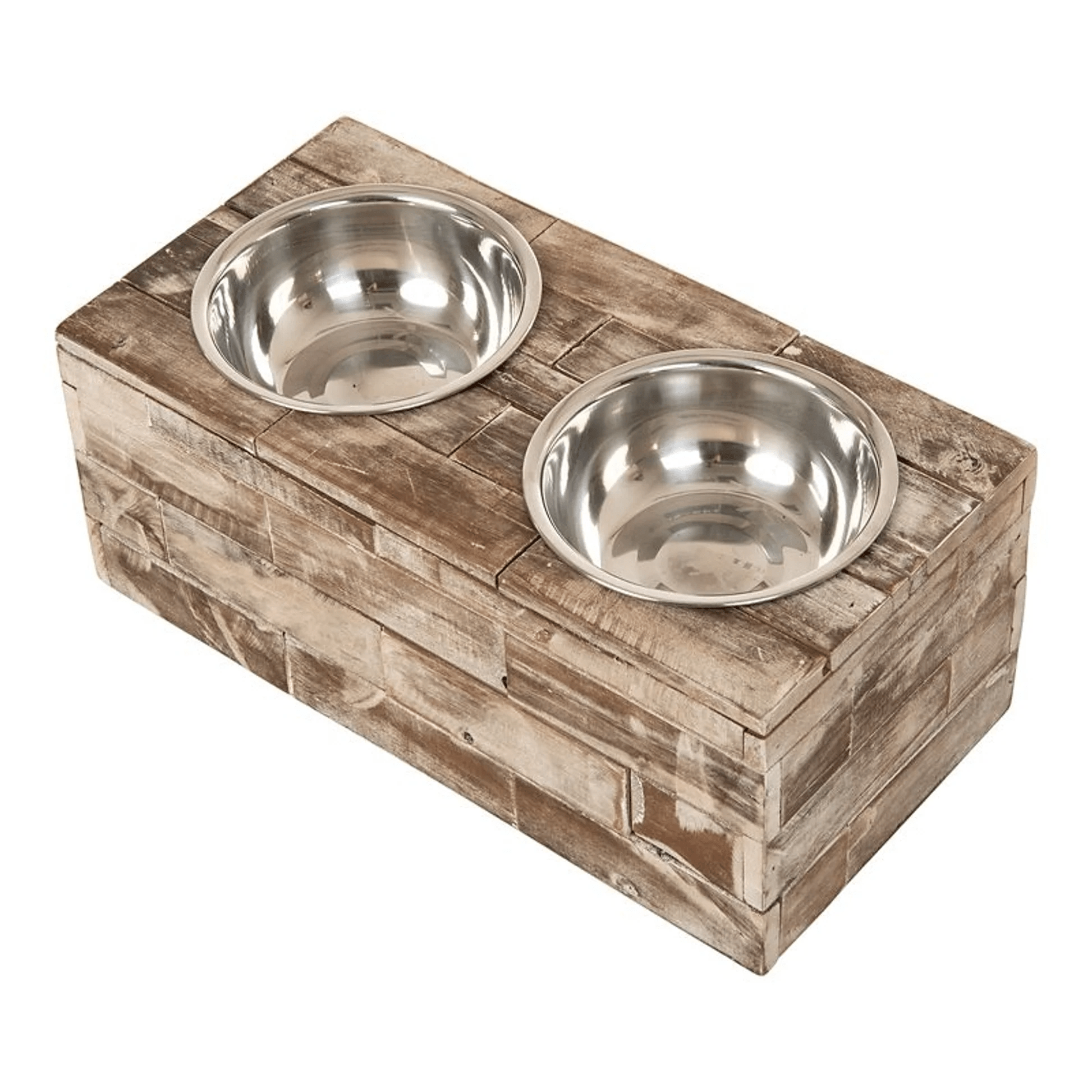 Raised Double Pet Feeder with Wooden Stand and Stainless Steel Bowls