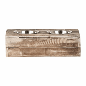 Raised Double Pet Feeder with Wooden Stand and Stainless Steel Bowls